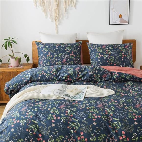 Queen Duvet Cover Set - 100% Cotton Floral Duvet Soft & Breathable with Zipper - Picture 4 of 8
